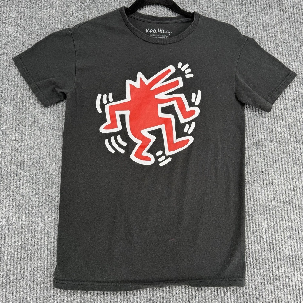 Keith Haring Artist Graffiti Dancing Figure man Black Small Shirt Faded